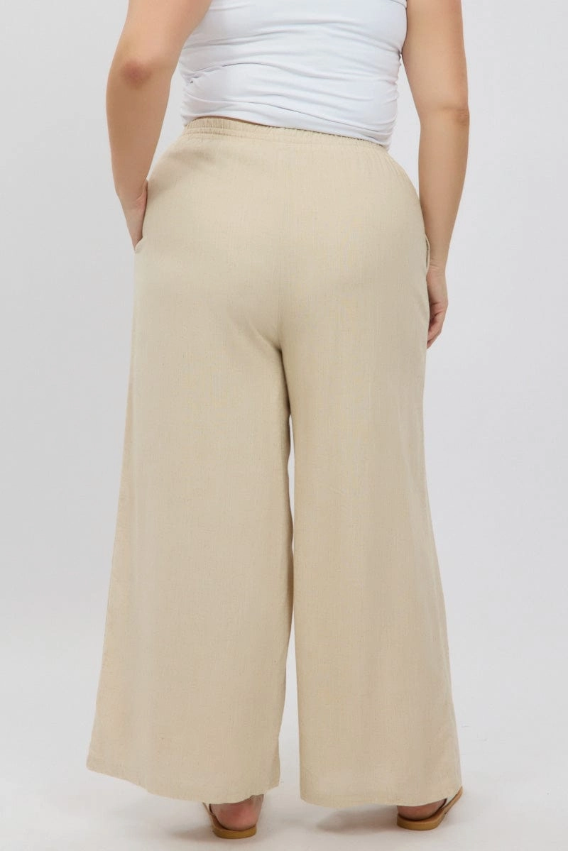 Beige Elastic Waist Wide Leg Linen Viscose Pants Quick Access Zippers