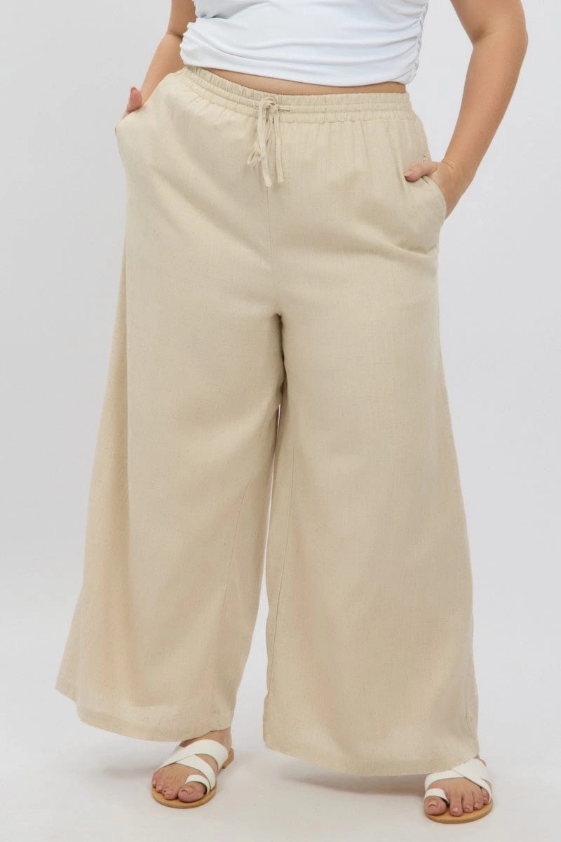 Beige Elastic Waist Wide Leg Linen Viscose Pants Stay Fresh Stretchable Fit
