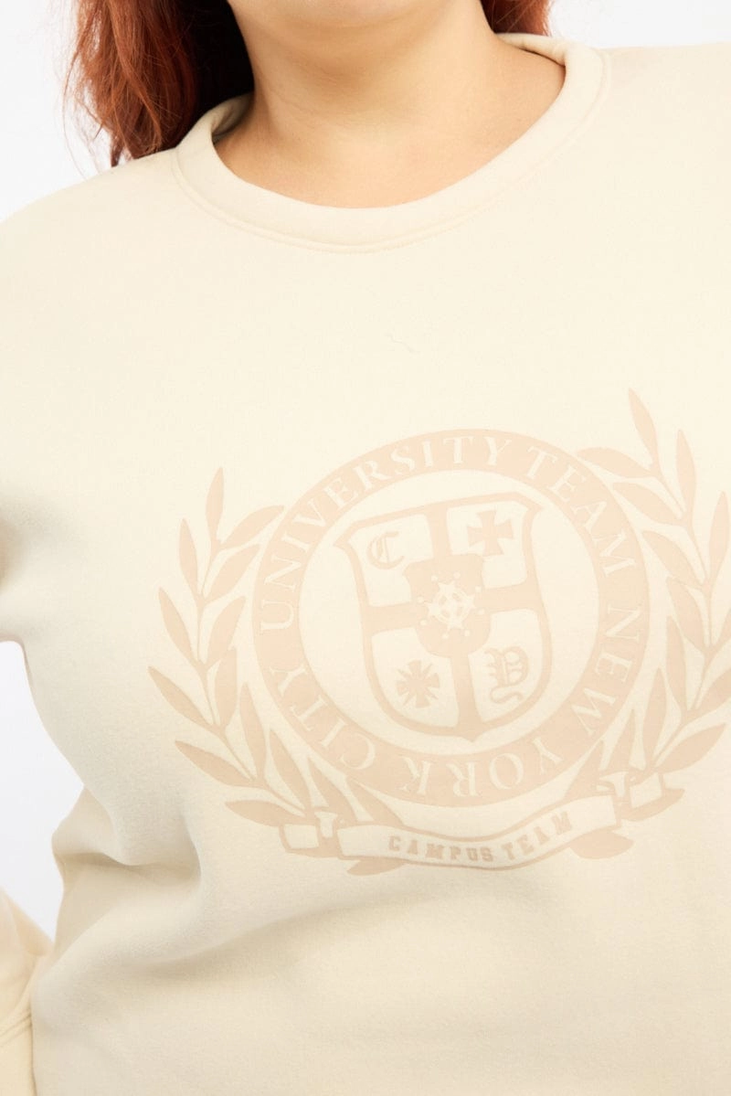 Beige Fleece Sweatshirt Collegiate Long Sleeve Longline Comfy Mood