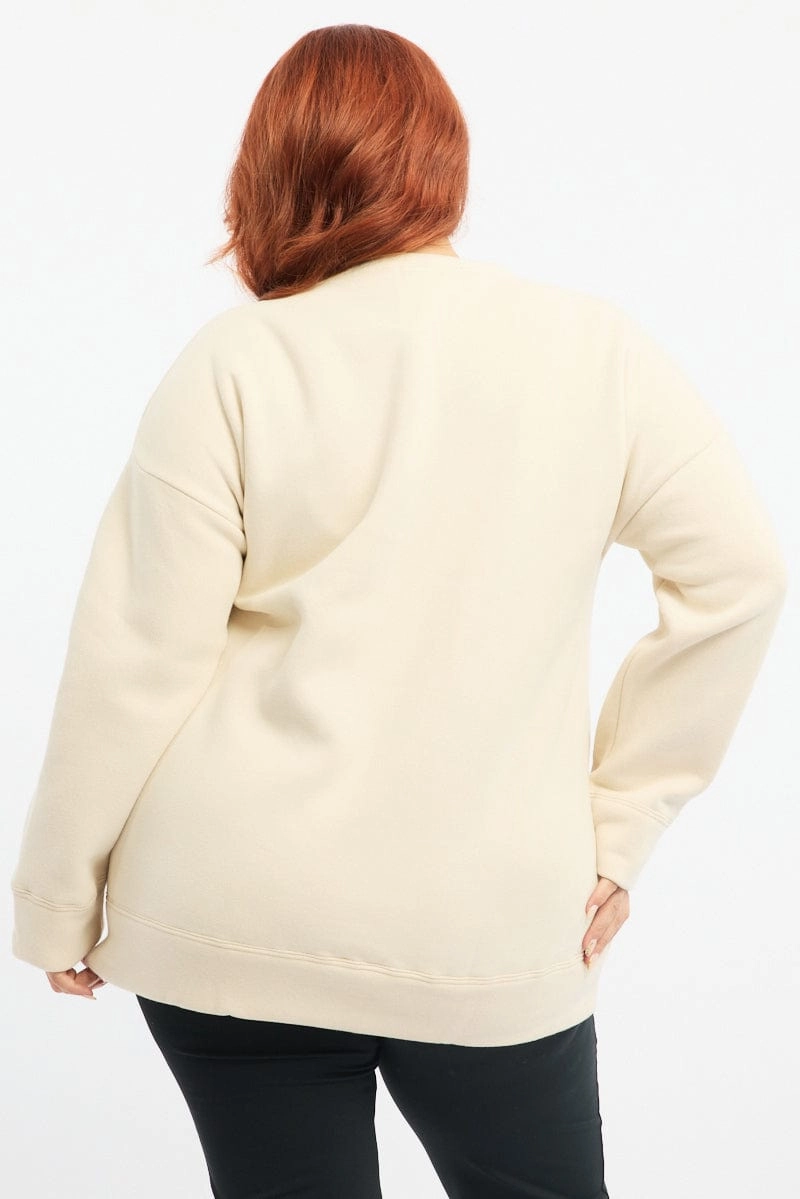 Beige Fleece Sweatshirt Collegiate Long Sleeve Longline Comfortable Style Comfortable Hoodie