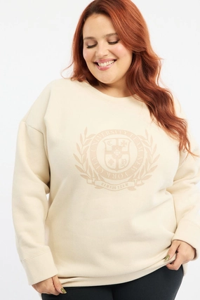 product home friendliness Beige Fleece Sweatshirt Collegiate Long Sleeve Longline
