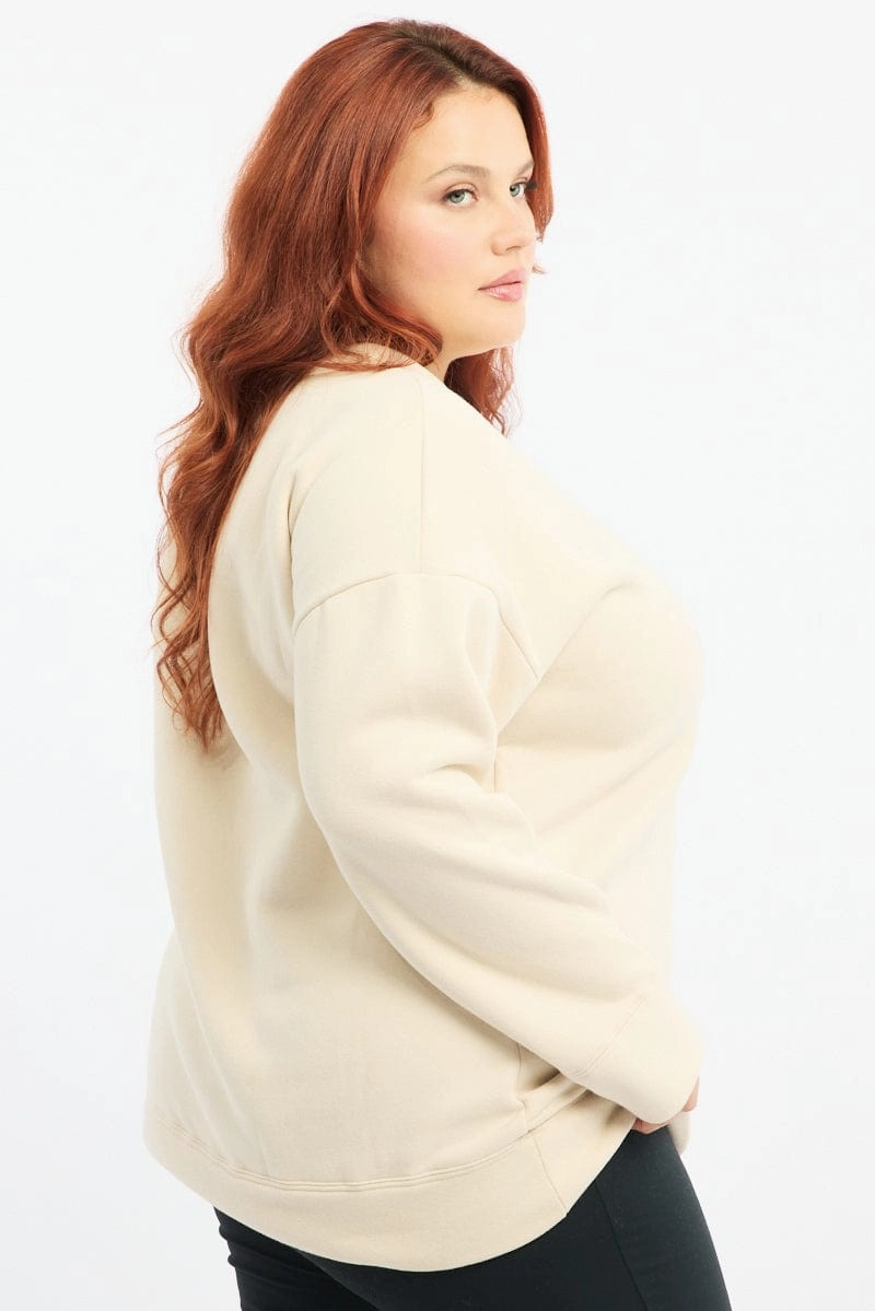 Beige Fleece Sweatshirt Collegiate Long Sleeve Longline Comfort Layering