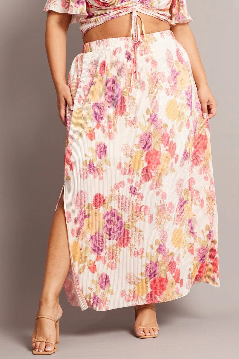 Beige Floral Plisse Maxiskirt Aesthetic Fit