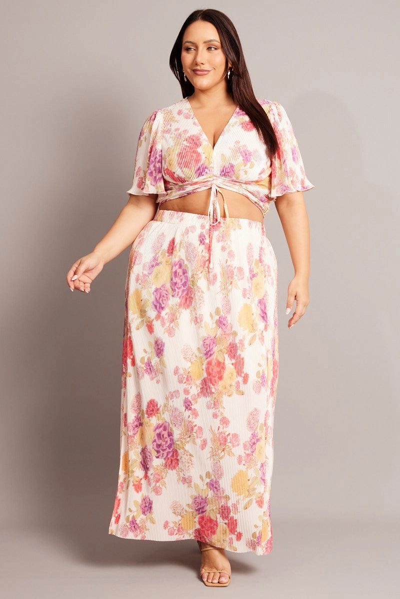 Comfort Waistline Beige Floral Plisse Maxiskirt
