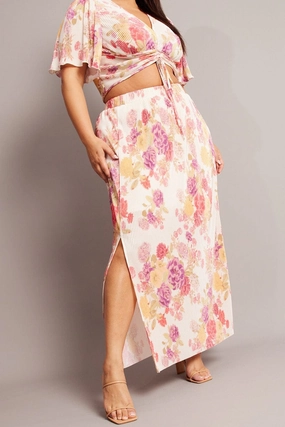 Cozy Vibes Beige Floral Plisse Maxiskirt