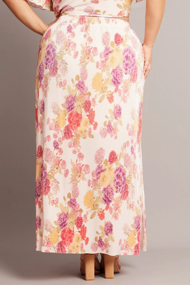 Beige Floral Plisse Maxiskirt Smart Casual Craftsmanship Focus