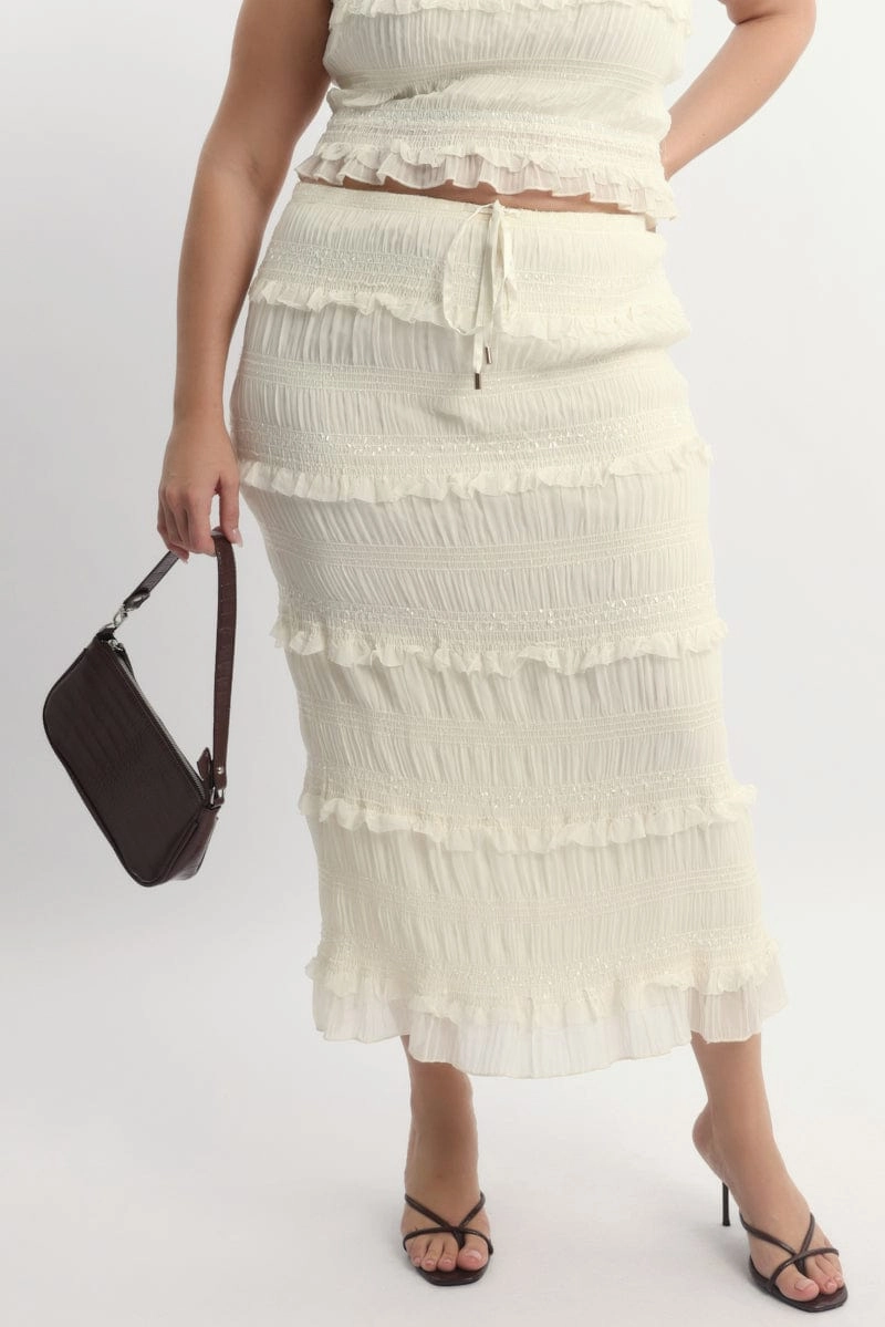 Stretchable Waist Beige Frill Maxiskirt