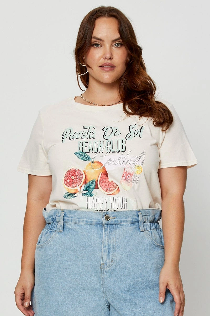 Easy-Going Style Formal Elegance Beige Graphic T-shirt Crew Neck Short Sleeve