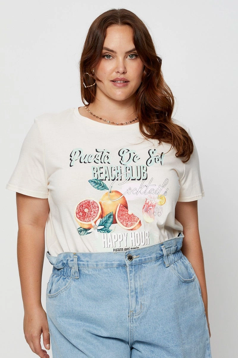 Regular fit normality Distressed Hem Finish Beige Graphic T-shirt Crew Neck Short Sleeve
