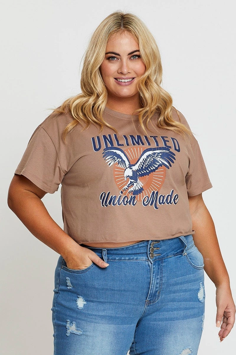 Beige Graphic T-shirt Eagle Short Sleeve Cotton Low Environmental Impact Effortless Comfort