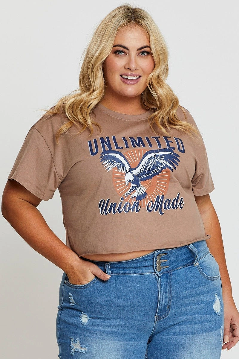Beige Graphic T-shirt Eagle Short Sleeve Cotton Non Restrictive Fit Hydrophobic coating