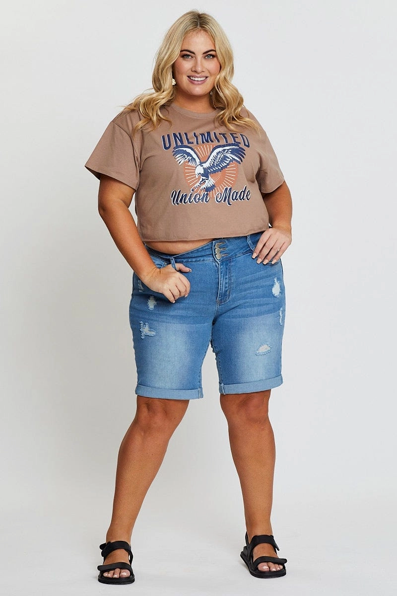 Stretch waistband Layerable Look Beige Graphic T-shirt Eagle Short Sleeve Cotton