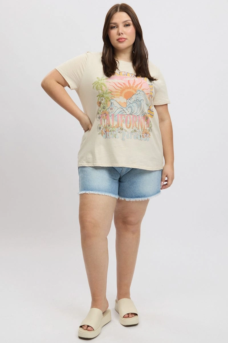 Beige Graphic T Shirt Short Sleeve Crew Neck Easy Wear Look