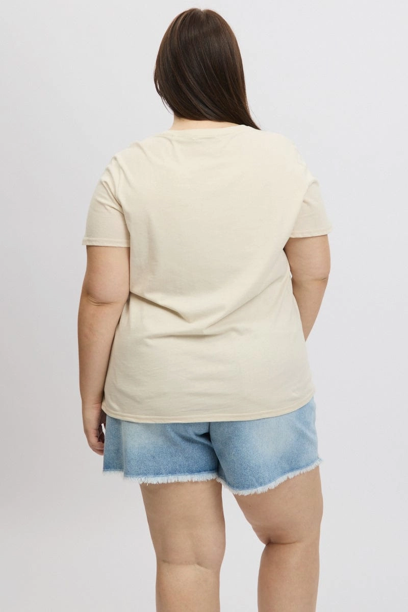 Beige Graphic T Shirt Short Sleeve Crew Neck Fashion Ready Universal Silhouette