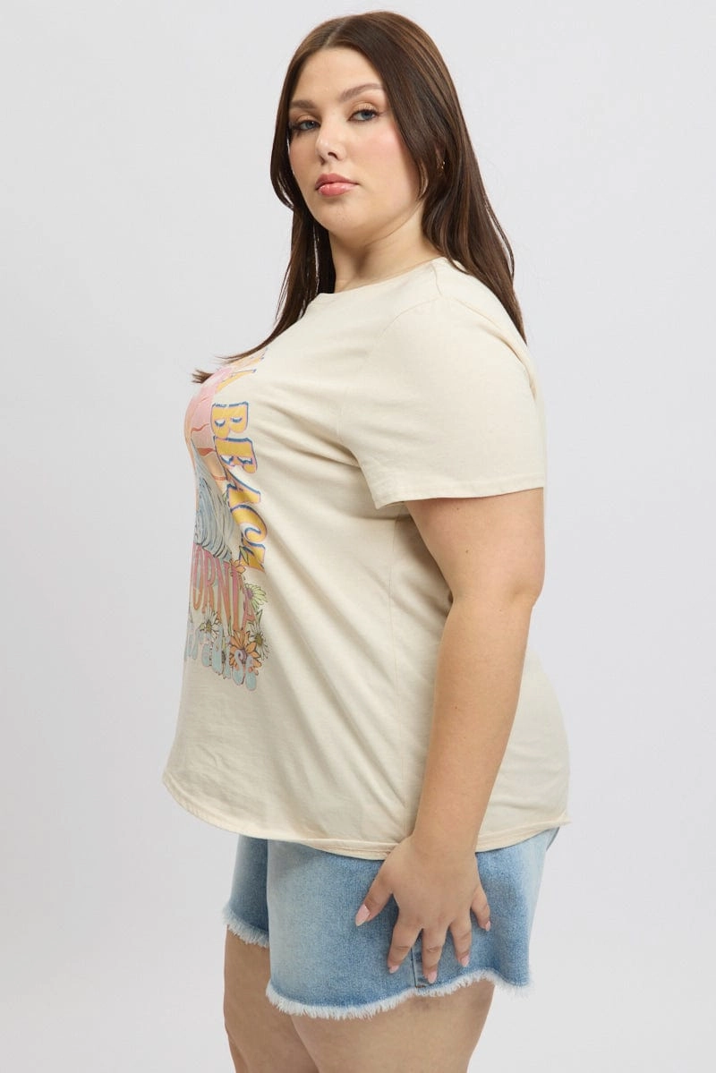 Beige Graphic T Shirt Short Sleeve Crew Neck Comfort Stretch Wear