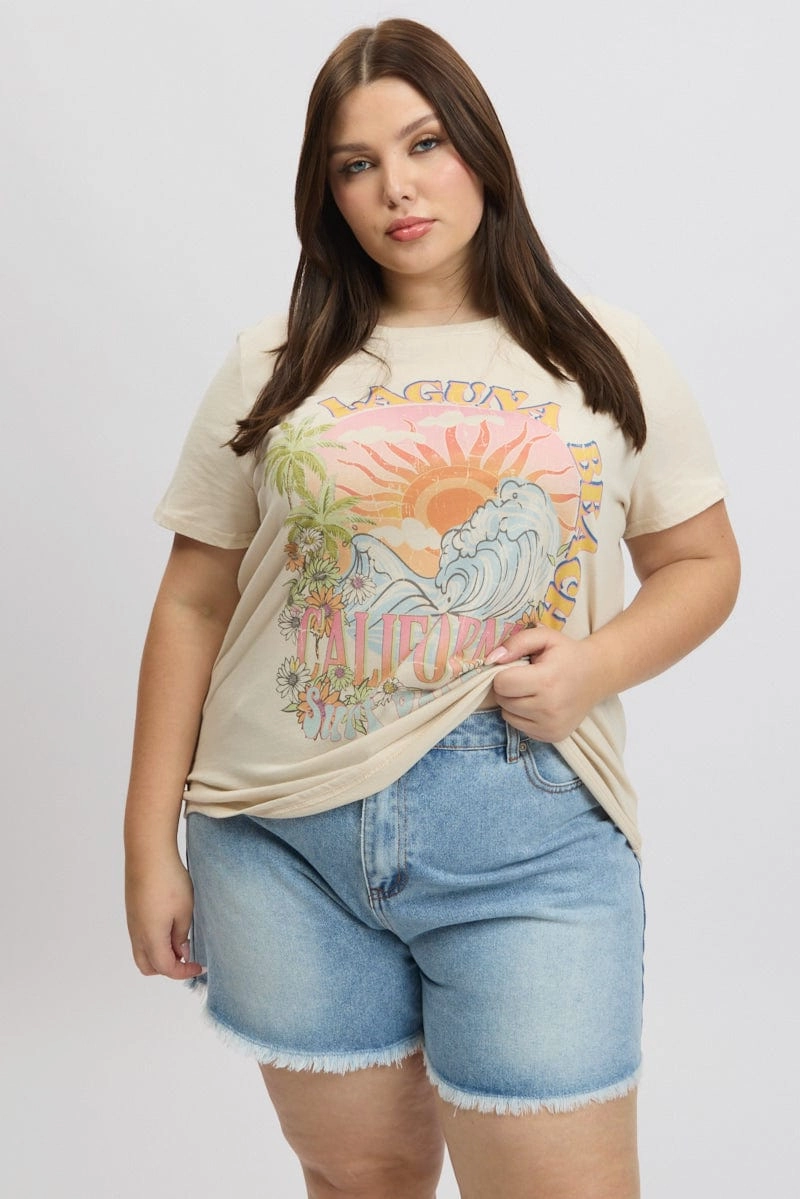 Beige Graphic T Shirt Short Sleeve Crew Neck Sleek Performance Wear Minimalist purity