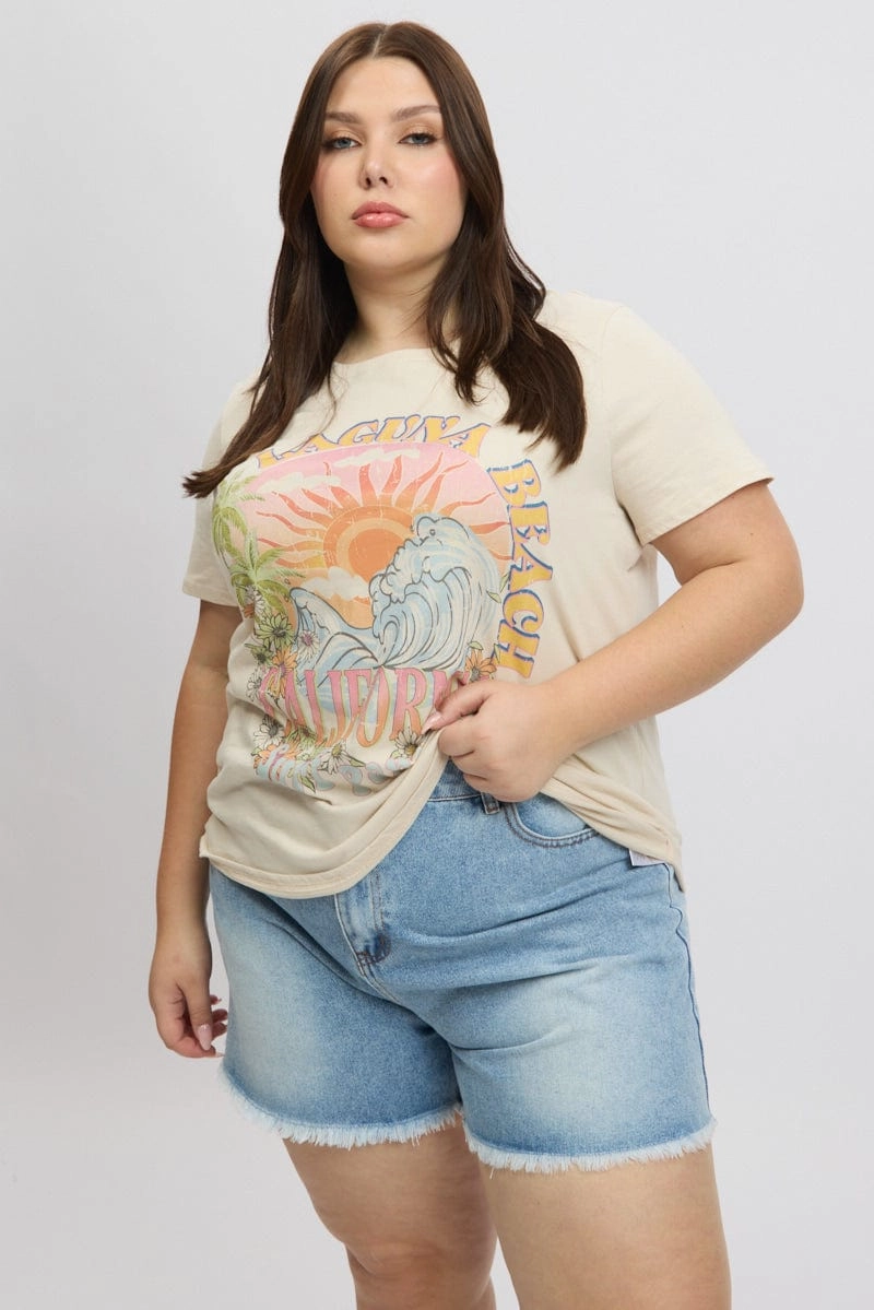 Premium Comfort Beige Graphic T Shirt Short Sleeve Crew Neck