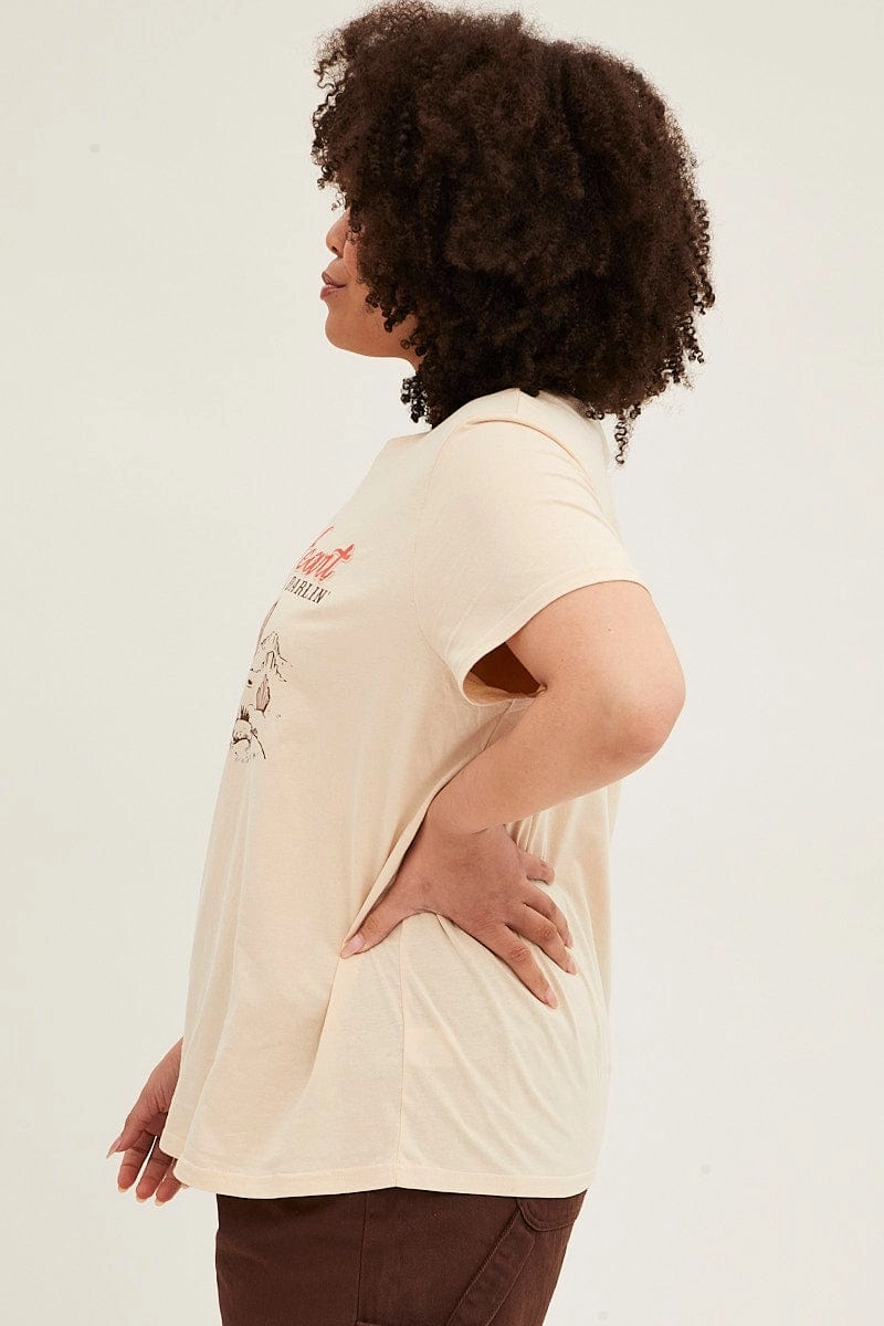 Beige Graphic T-shirt Short Sleeve Crew Neck Cozy Stretch