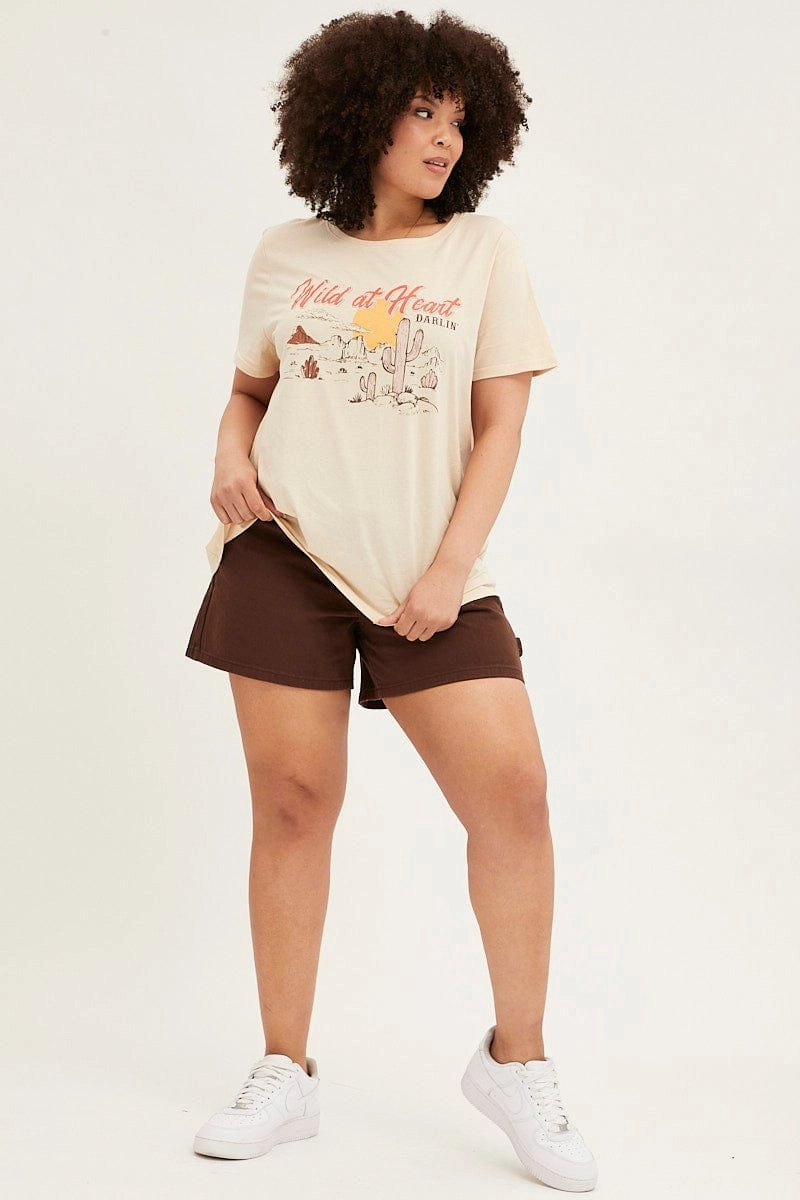 Seasonal Outfit Classic Style Trend Beige Graphic T-shirt Short Sleeve Crew Neck