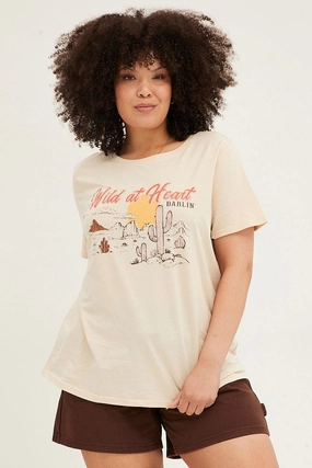 safe for skin Garment Dyed Technique Beige Graphic T-shirt Short Sleeve Crew Neck