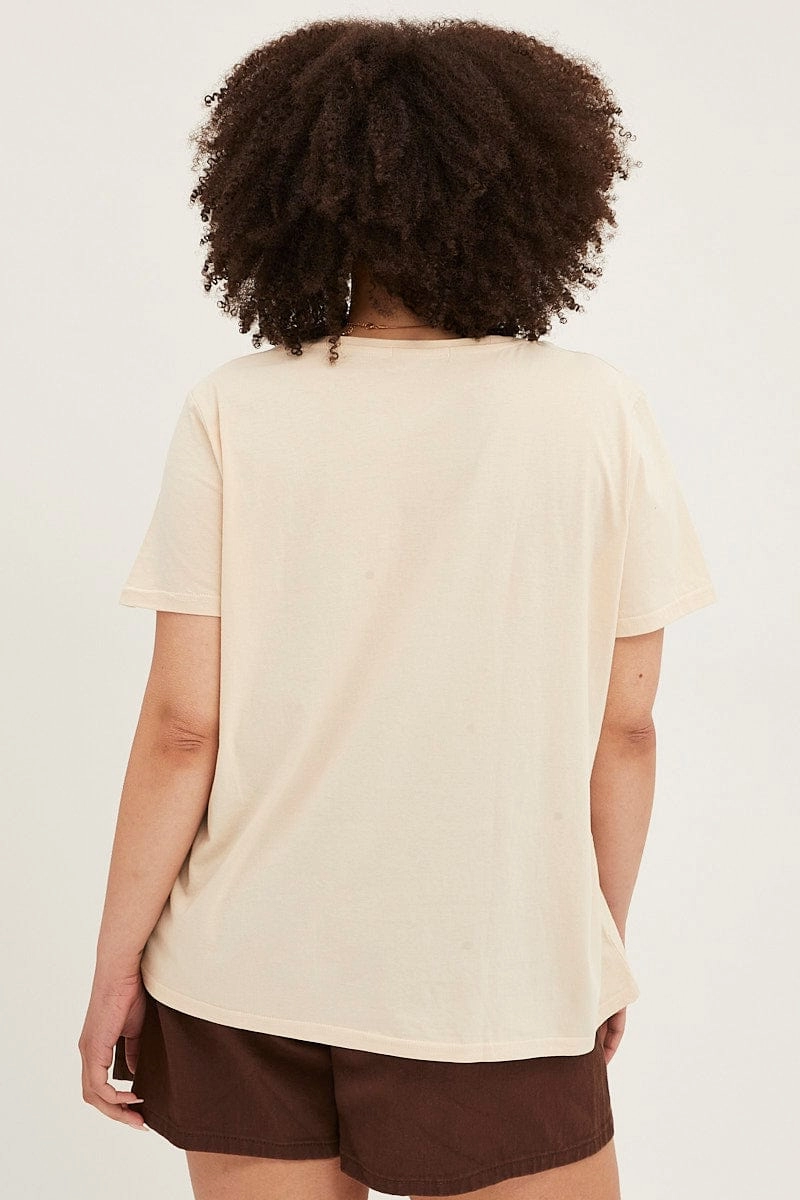 Beige Graphic T-shirt Short Sleeve Crew Neck NonIronTechnology TemperatureRegulating