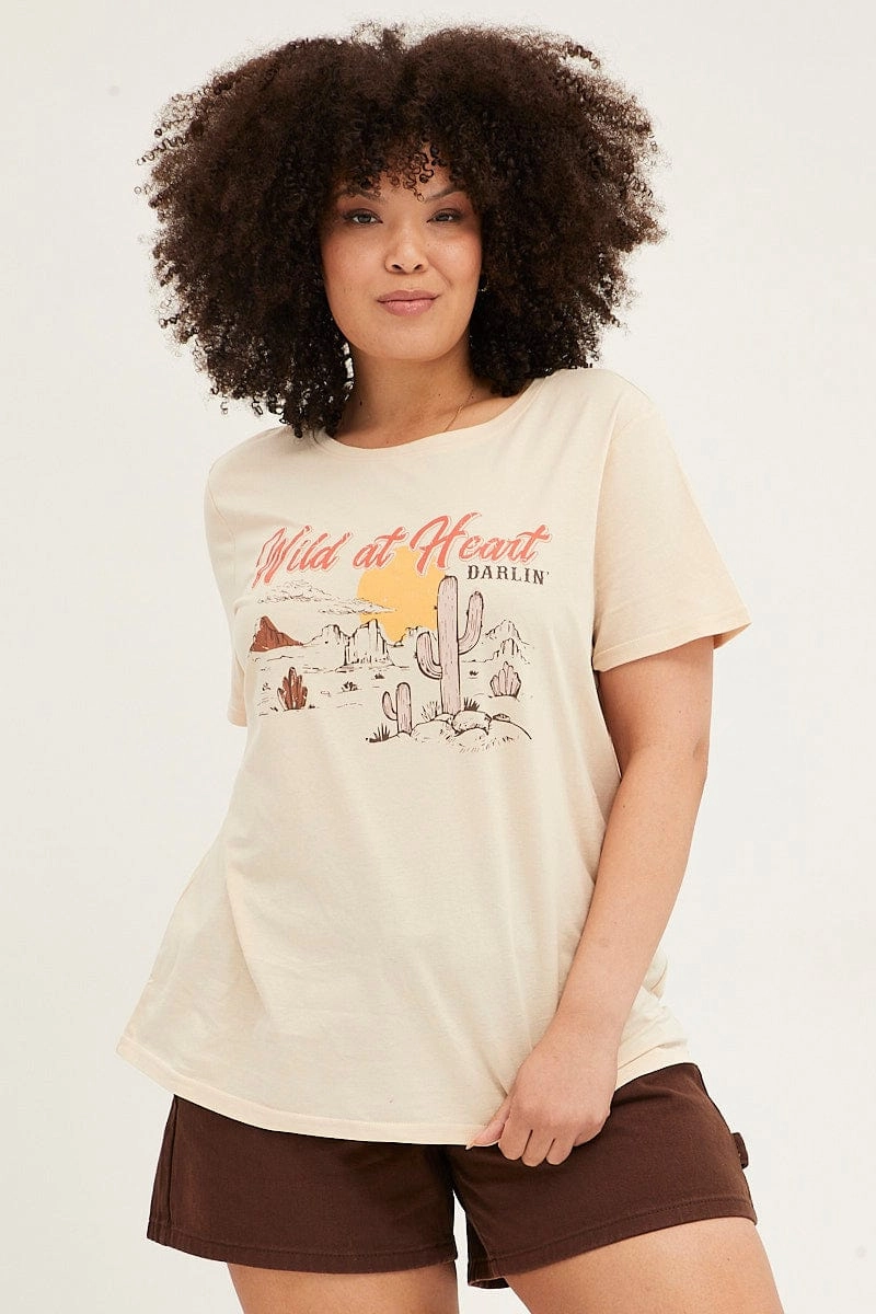 safe for skin Garment Dyed Technique Beige Graphic T-shirt Short Sleeve Crew Neck