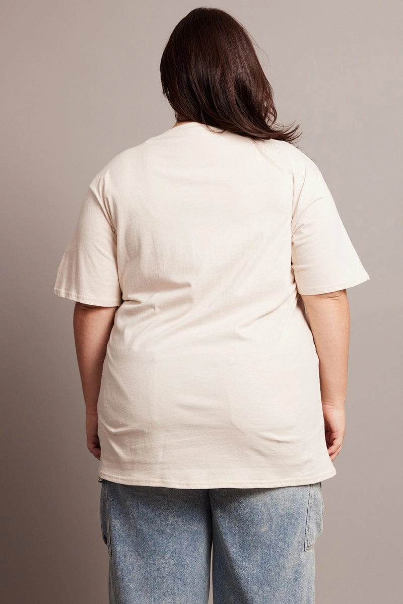 Beige Graphic T-shirt Short Sleeve Crew Neck Oversized Easy Comfort Seam Free Back