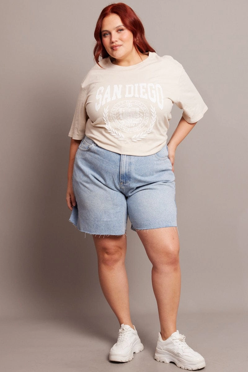 Beige Graphic T-shirt Short Sleeve Crew Neck Water Based Ink Print Wrinkle Resistant Cloth