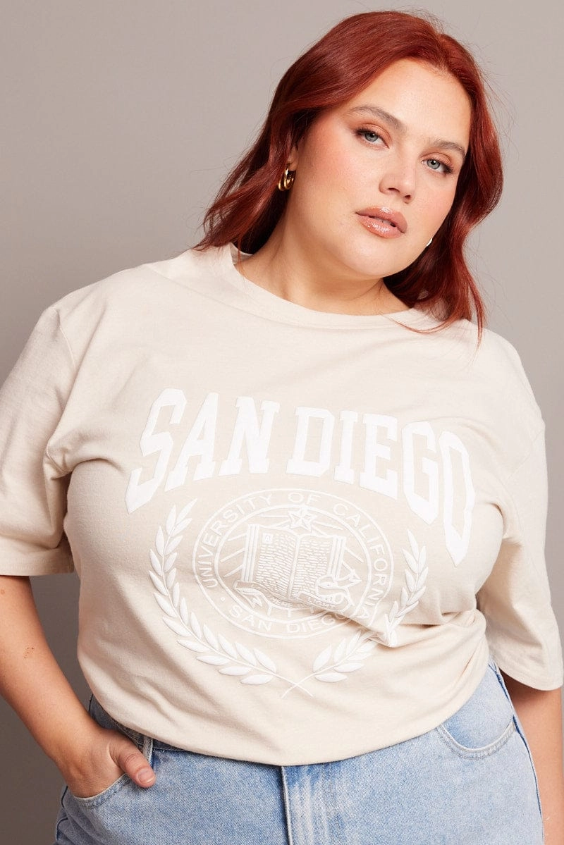 Beige Graphic T-shirt Short Sleeve Crew Neck V neck style