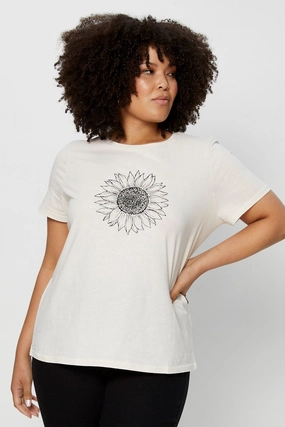 Beige Graphic T-shirt Sunflower Crew Neck Short Sleeve Wrinkle Resistant Finish
