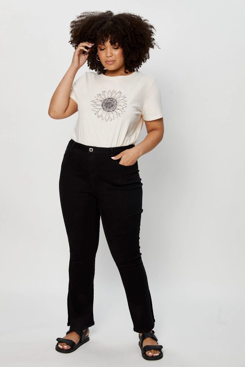 Functional Fit Sleek Design Beige Graphic T-shirt Sunflower Crew Neck Short Sleeve