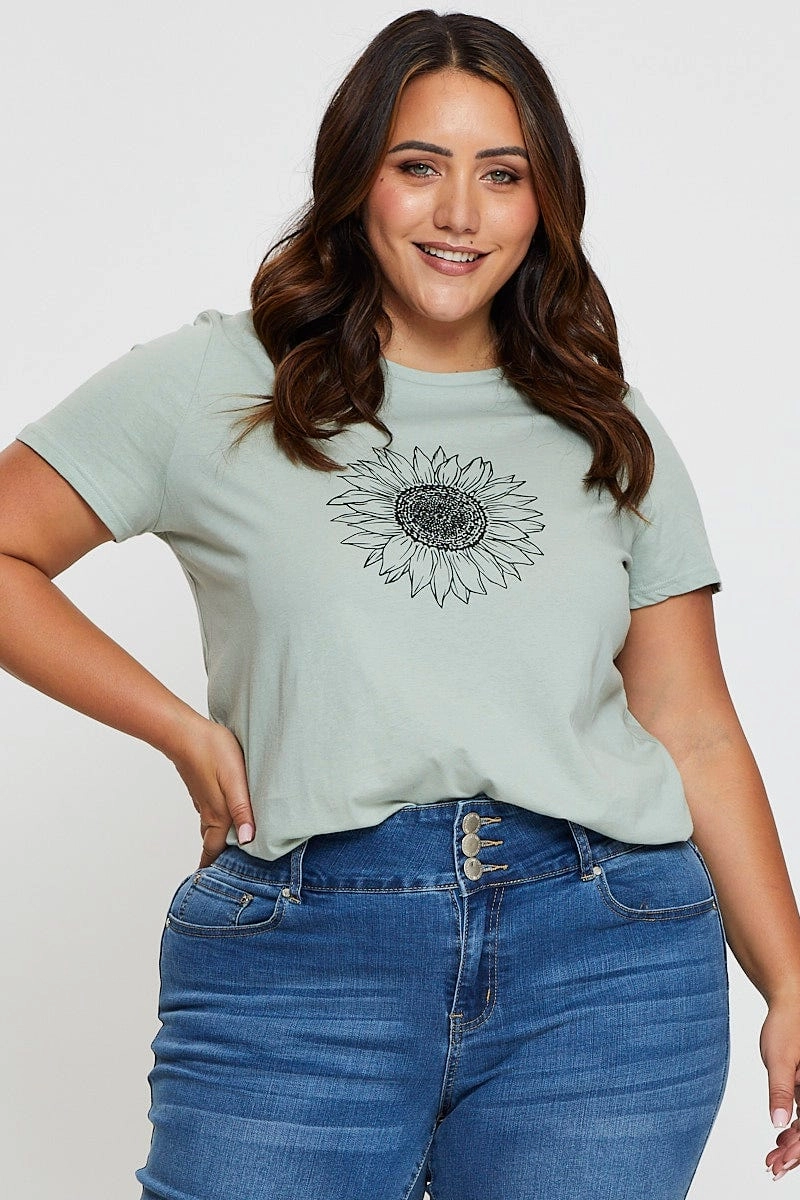 Everyday Comfort Comfy Essentials Beige Graphic T-shirt Sunflower Crew Neck Short Sleeve