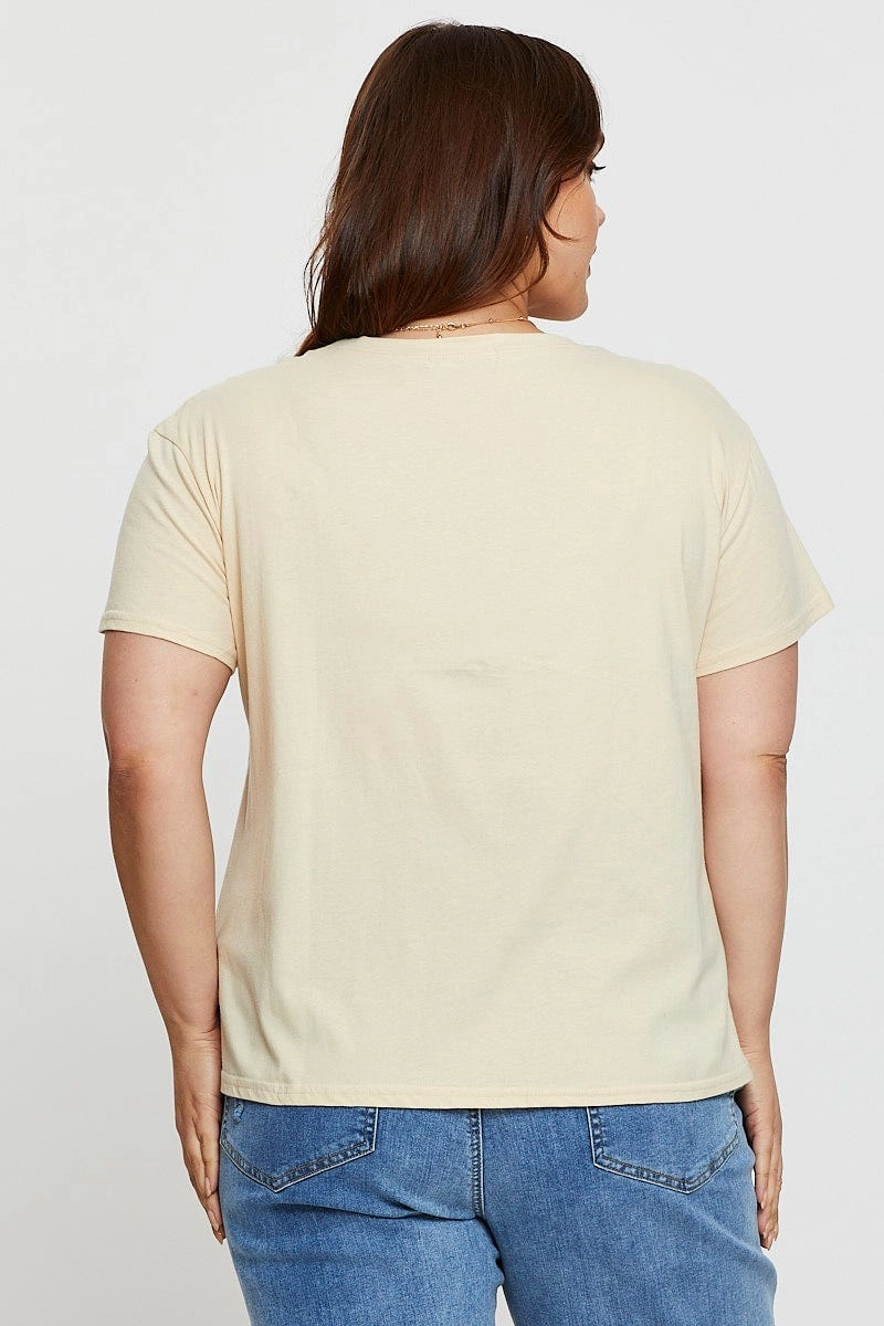 EasyCareFabric Beige Graphic T-shirt Vintage Motors Short Sleeve Cotton