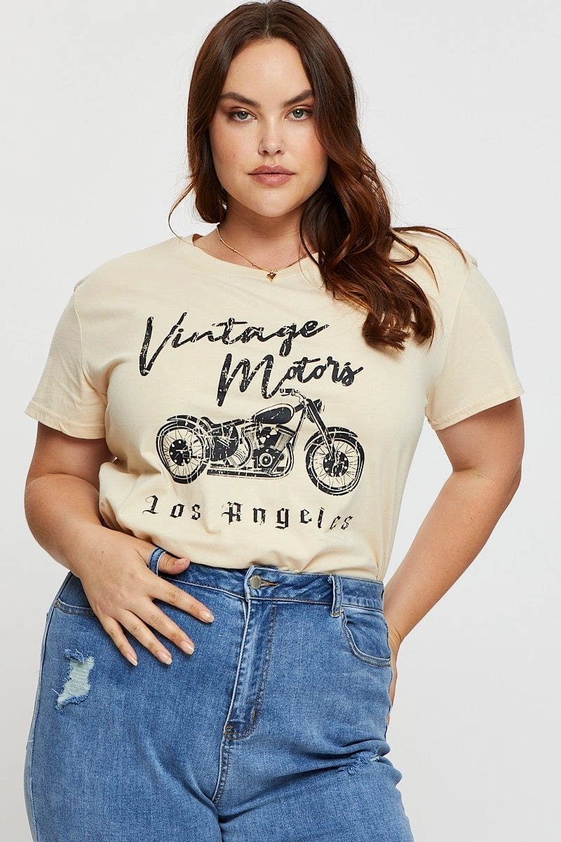 college elastic waistband Beige Graphic T-shirt Vintage Motors Short Sleeve Cotton