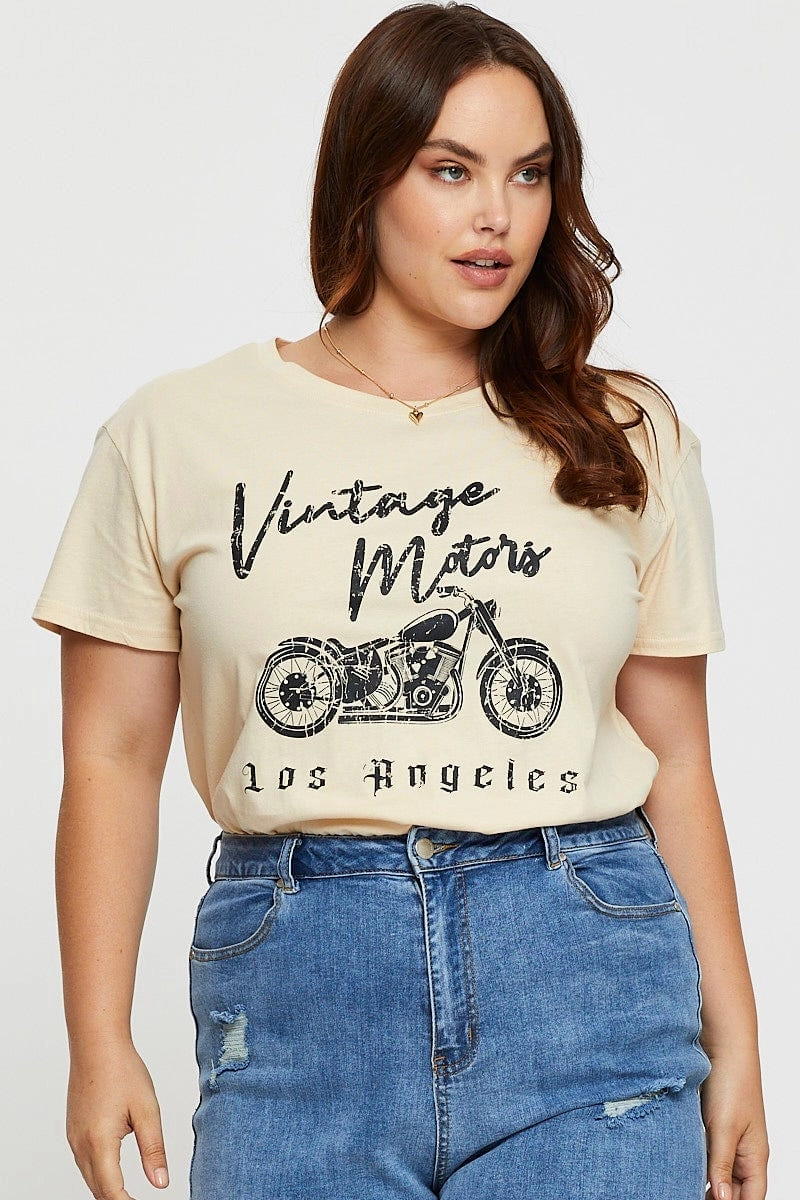 Beige Graphic T-shirt Vintage Motors Short Sleeve Cotton Breathable Waistband Comfort and Ease