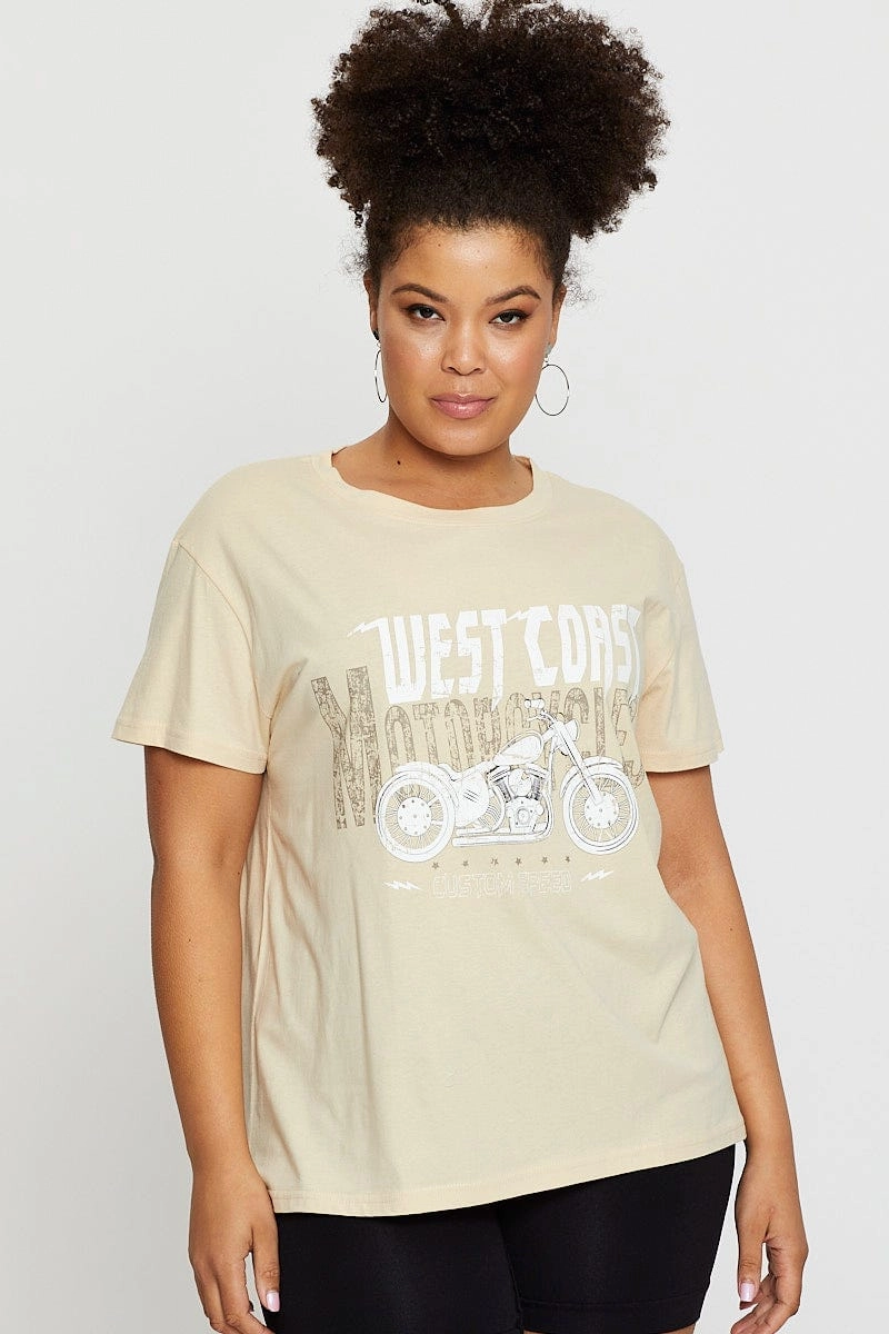 All-Day Stretch Easy and Relaxed Beige Graphic T-shirt West Coast Short Sleeve Cotton