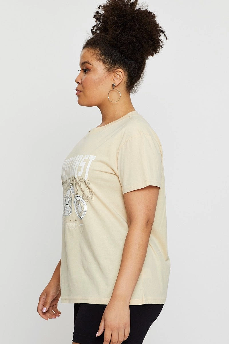 Easy Care Fabric Beige Graphic T-shirt West Coast Short Sleeve Cotton