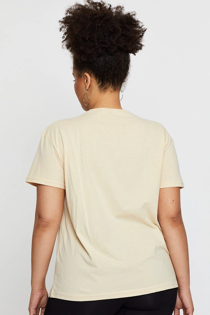 City Casual Beige Graphic T-shirt West Coast Short Sleeve Cotton
