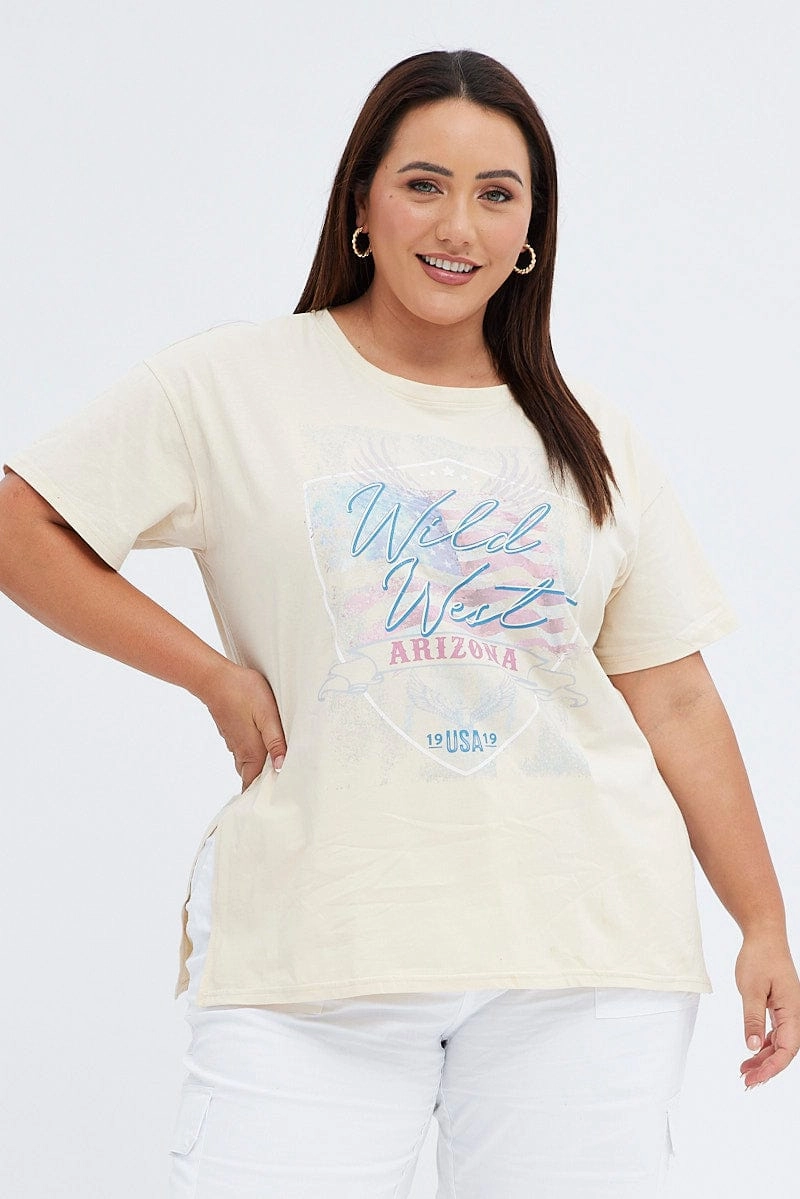 Comfortable and stylish Beige Graphic T-shirt Wild West Print Longline