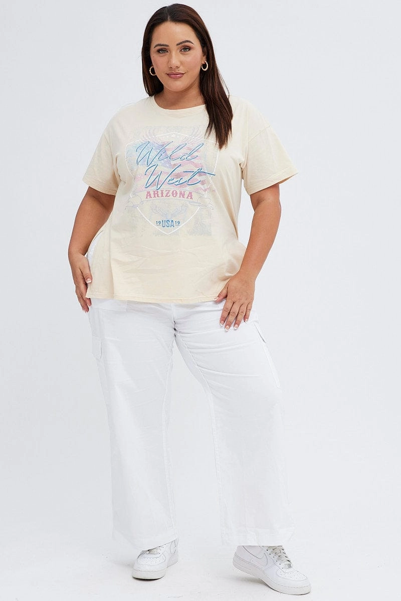 Street Smart Look Timeless Design Beige Graphic T-shirt Wild West Print Longline