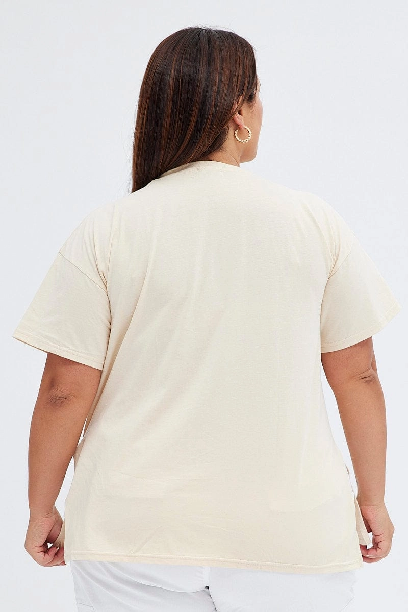 Moisture Management Sporty Look Beige Graphic T-shirt Wild West Print Longline