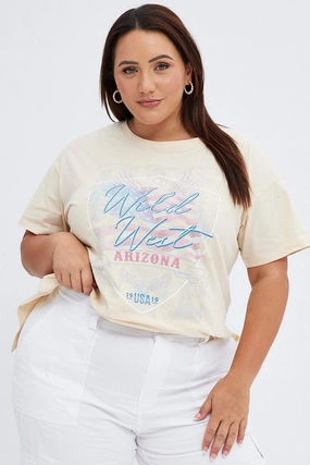 Summer Wardrobe Casual Wearable Beige Graphic T-shirt Wild West Print Longline