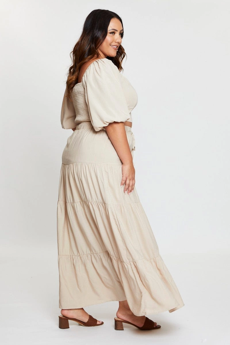 Style Essential Eco Friendly Beige High Waist Tiered Maxi Skirt