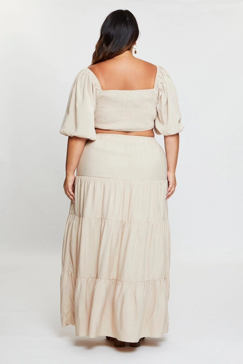 Beige High Waist Tiered Maxi Skirt lace accents Twist Knot Details