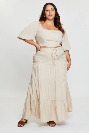 raw hem Runway Inspired Beige High Waist Tiered Maxi Skirt