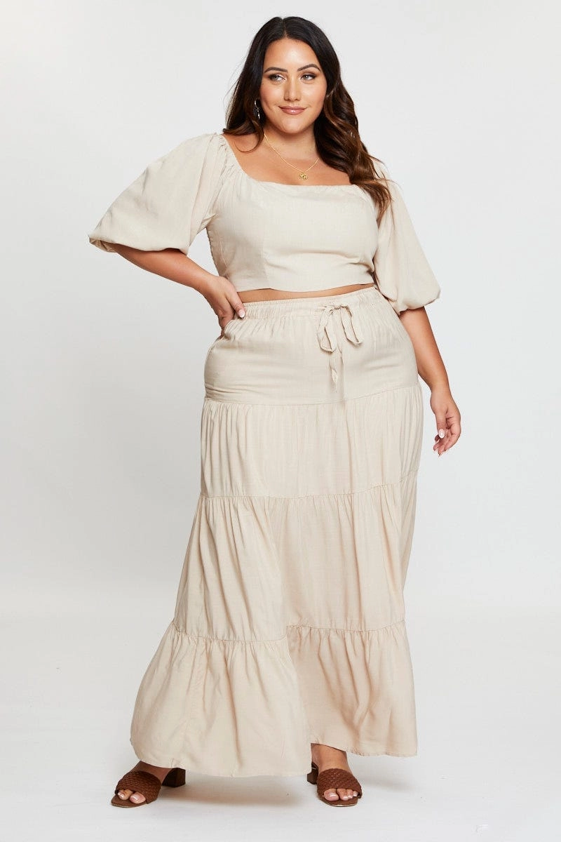 Beige High Waist Tiered Maxi Skirt Non Irritating Edges