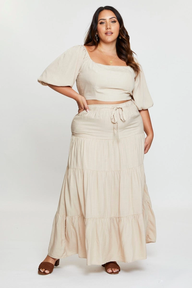 raw hem Runway Inspired Beige High Waist Tiered Maxi Skirt