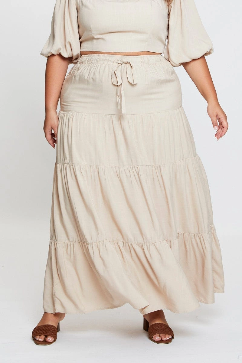 Neat Look Fold Over Design Beige High Waist Tiered Maxi Skirt