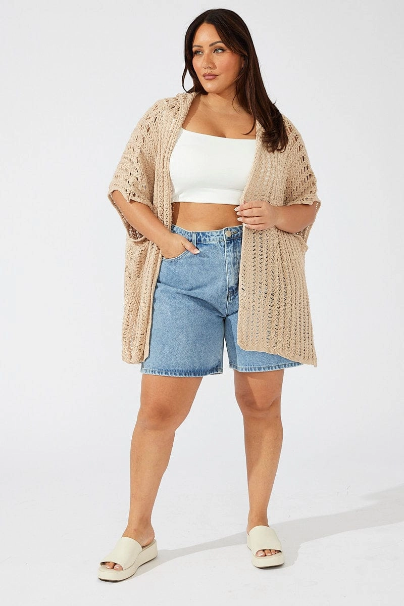 Soft Fleece Lining StretchableMaterial Beige Hooded Crochet Cardigan Short Sleeve
