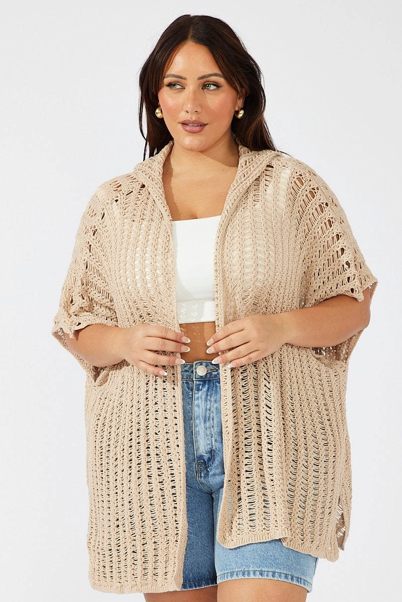 Beige Hooded Crochet Cardigan Short Sleeve Flexible Fit